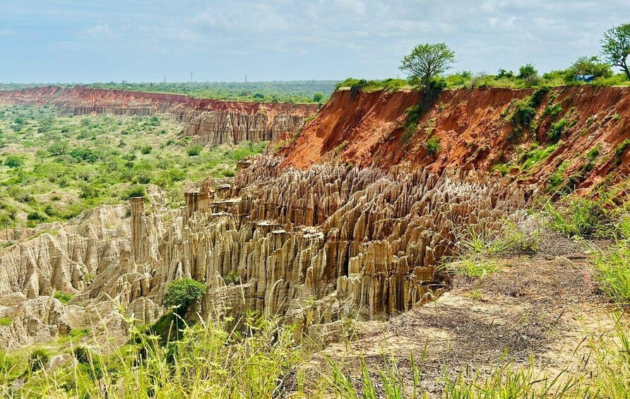 A rugged landscape with a prominent cliff face and sparse vegetation. 5