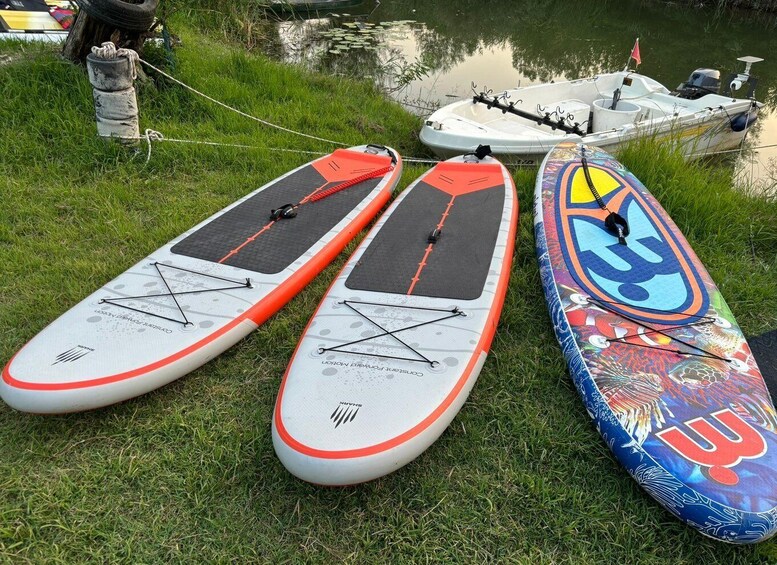 Three paddleboards with ropes and a boat in the background. 4