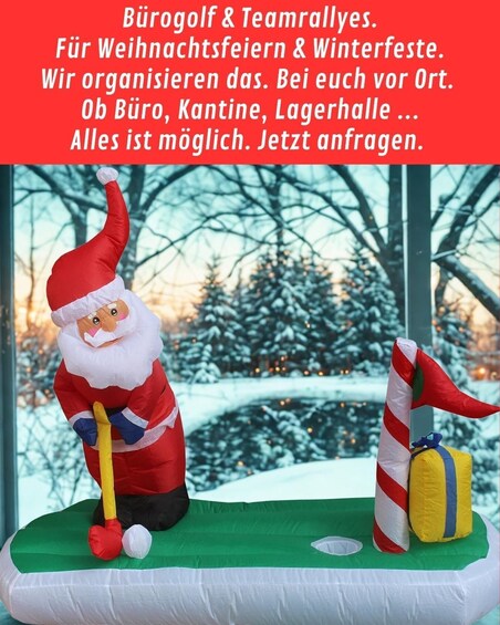 A Santa Claus figure on a miniature golf course with a striped flag and a gift box. 1