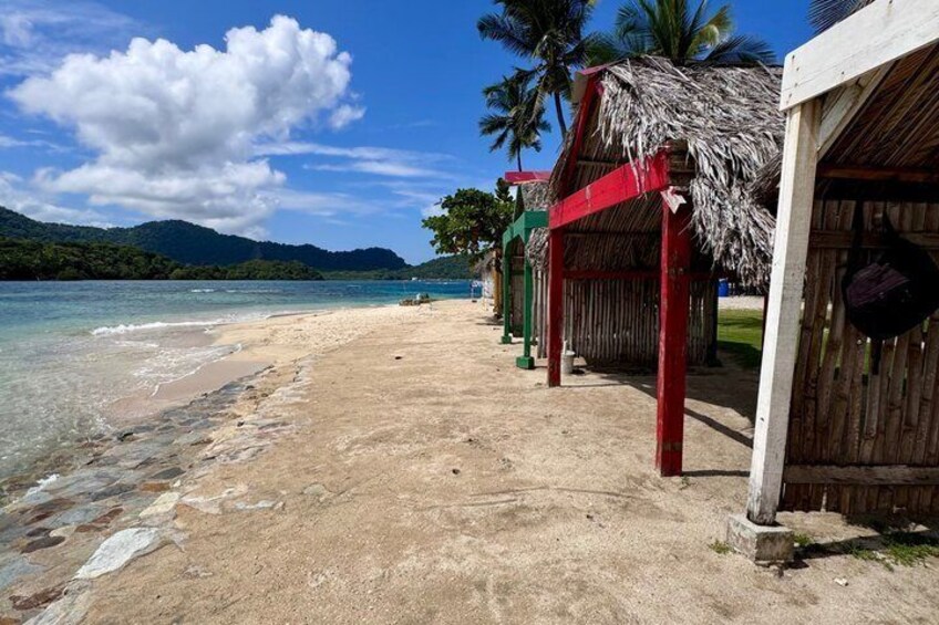 A beach with thatched-roof huts, clear turquoise water, and palm trees. 4