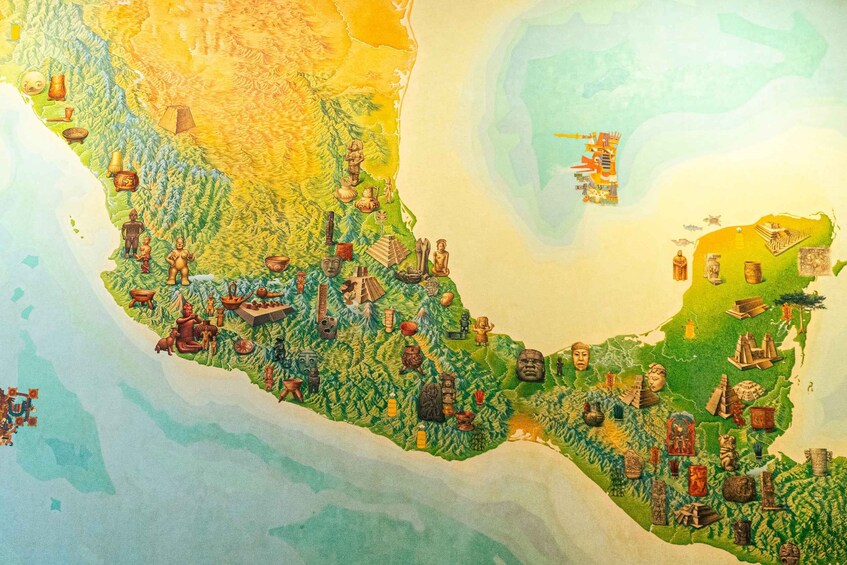 A detailed map with various cultural icons and landmarks. 2