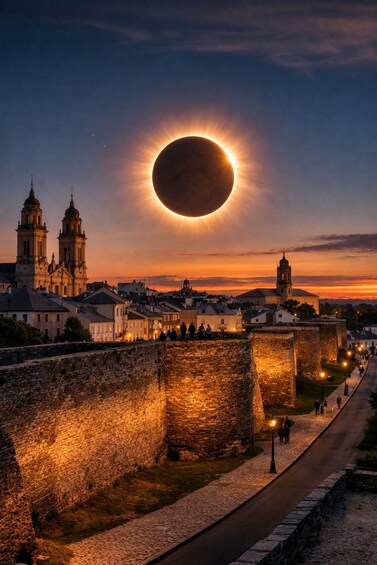 A cityscape with a large circular sun-like object in the sky, historic buildings, and a stone wall. 1