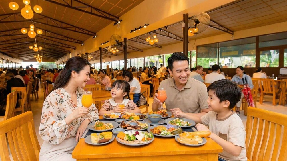 A family dining at a restaurant with multiple tables and a high ceiling. 3