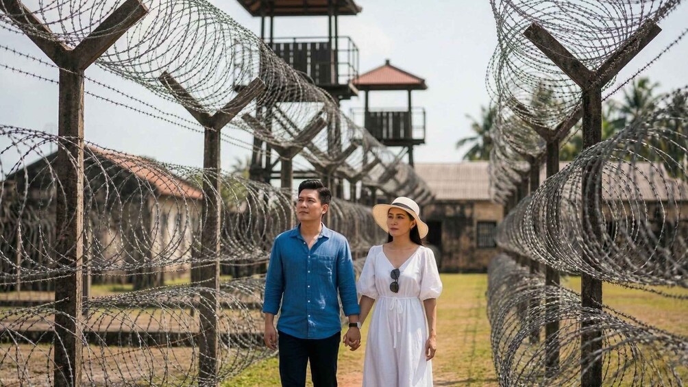 A couple standing in front of barbed wire fences with a watchtower in the background. 5