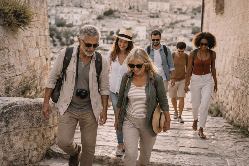 A group of people walking on a stone pathway in an ancient city. 3