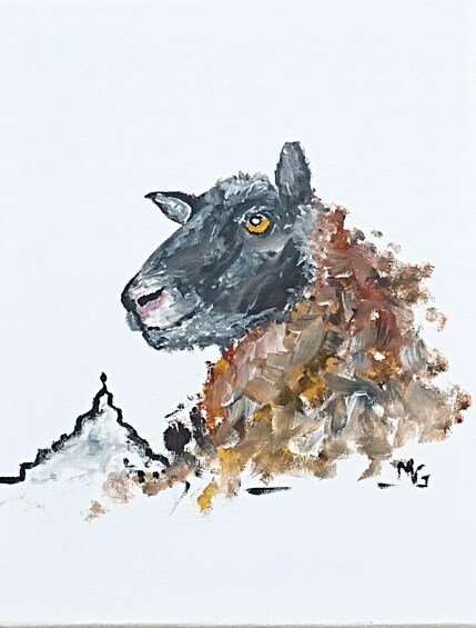 A painting of a sheep with a brown and black coat, a white face, and a yellow eye. 3