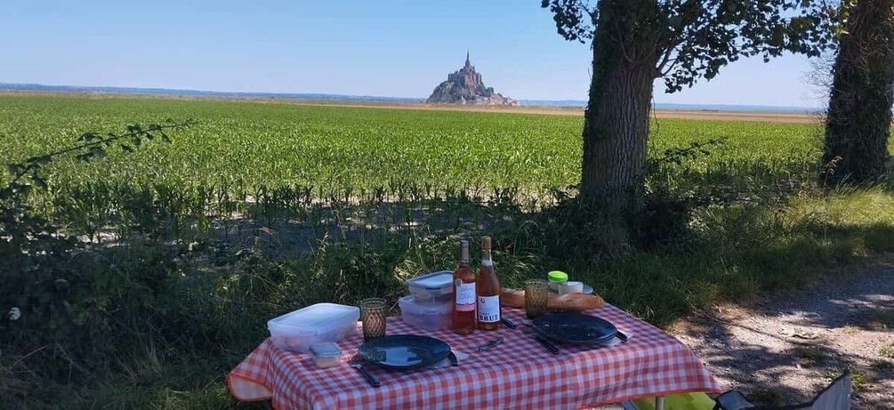 A picnic table with food and drinks, a bottle of Brut champagne, and a bottle of wine, set against a backdrop of a field and a distant castle. 1