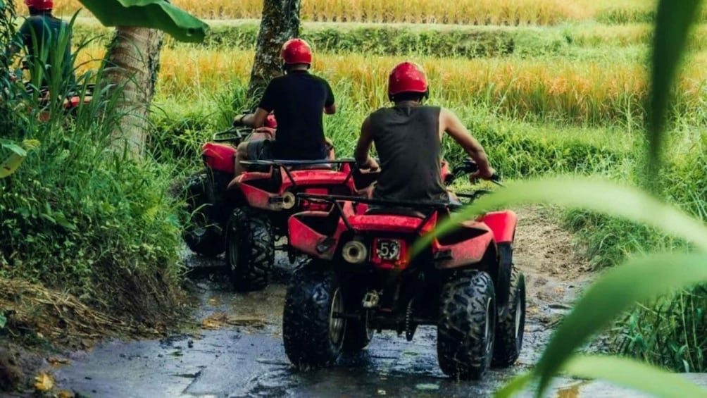Two people on red all-terrain vehicles in a rural setting with a water crossing. 3