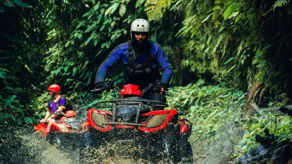 A person riding a red ATV through a forested area. 2