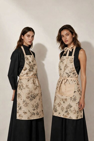 Two individuals wearing aprons with a floral pattern. 5