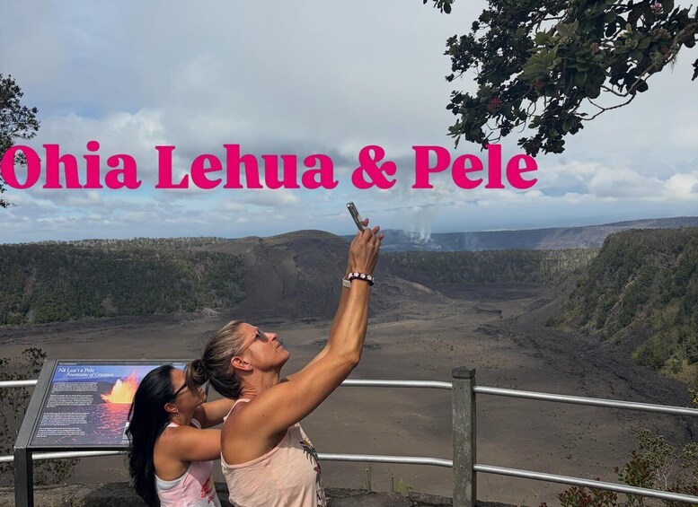 A person taking a photo at a viewpoint overlooking a volcanic landscape with a sign about the area. 3