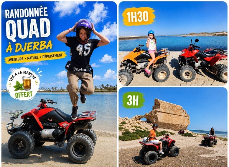A quad bike, a beach, and a rock formation. 1