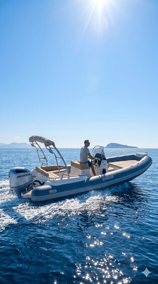A man driving a motorboat on a clear day. 1