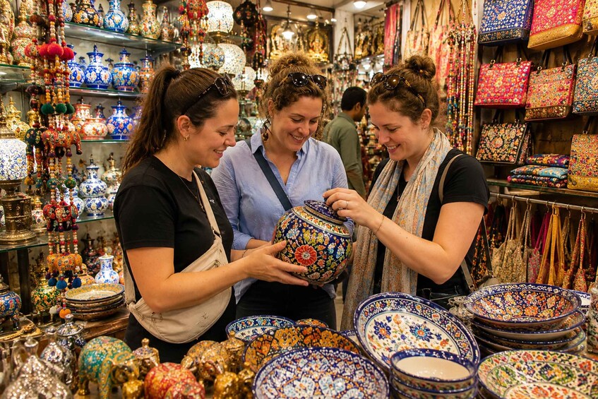 A market with colorful pottery and textiles. 4