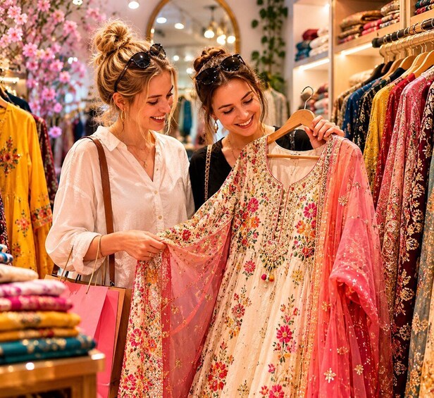Two people examining a traditional embroidered dress in a clothing store. 1