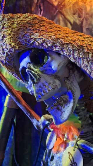 A skeleton figure with a sombrero and a decorative headpiece. 2