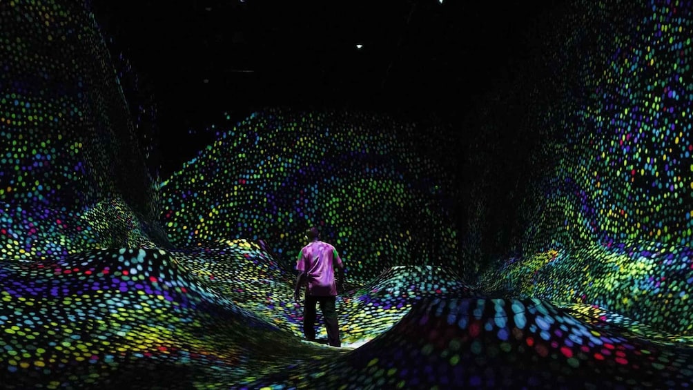 A person walking through a tunnel with colorful, dot-patterned walls. 3