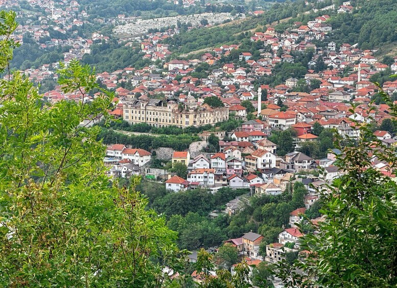A densely packed hillside town with red-roofed houses and a prominent historic building. 2