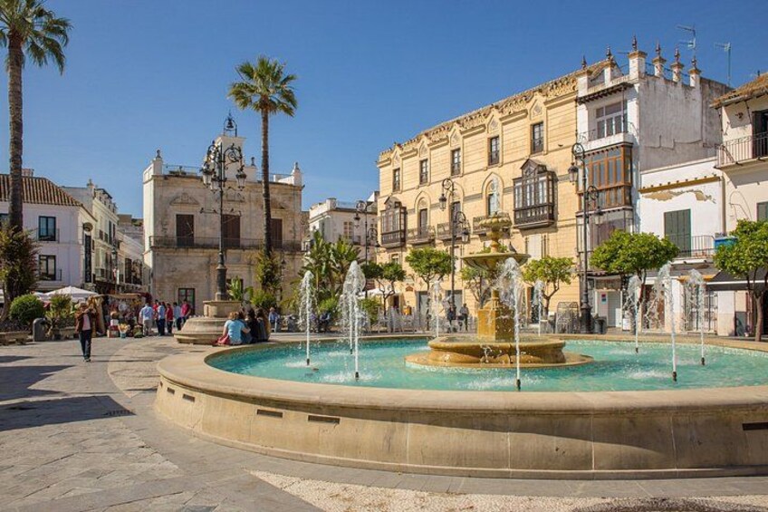 A public square with a central fountain, palm trees, and historic buildings. 4