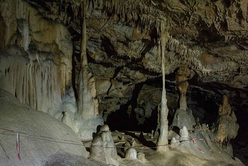 A cave with stalactites and stalagmites, rope barriers, and a dimly lit environment. 4