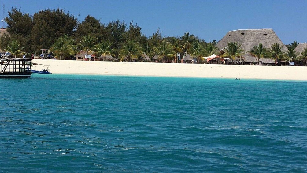 Una playa con agua turquesa cristalina, un bote, palmeras y cabañas de techo de paja. 3