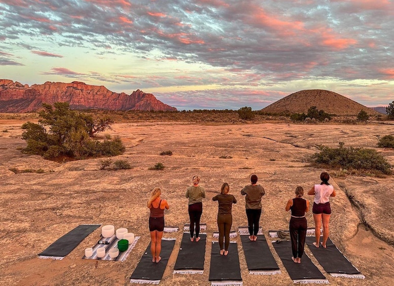 A group of people practicing yoga on mats in a desert landscape with mountains in the background. 1