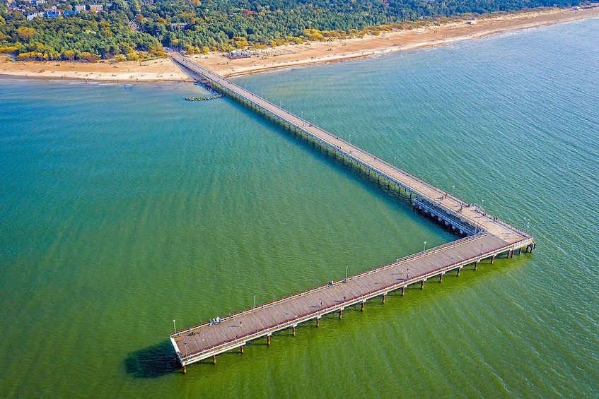 An aerial view of a long pier extending into a calm body of water, surrounded by a forested area and a sandy beach. 4