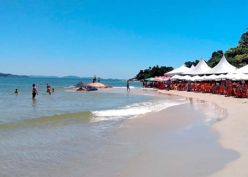 A beach with people swimming and walking, white tents, and a clear blue sky. 1