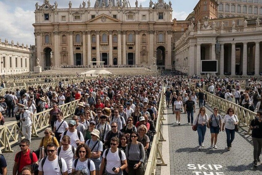 A crowded square with a large historic building in the background. 2