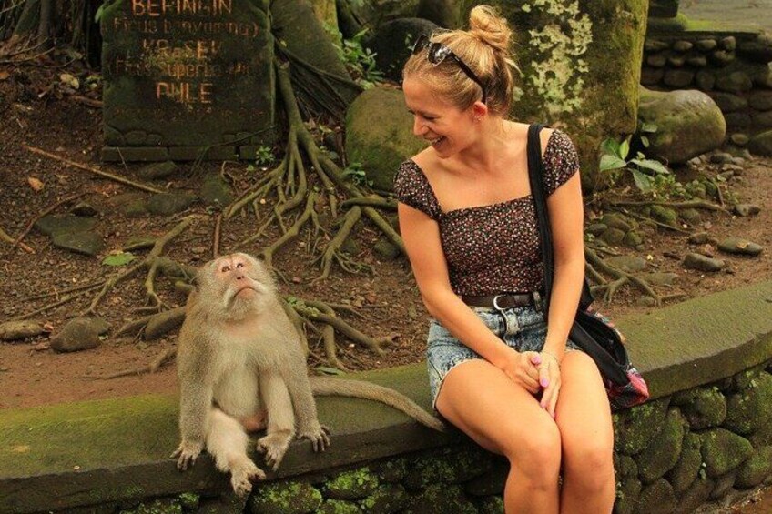 A person sitting on a stone ledge with a monkey on their lap. 1