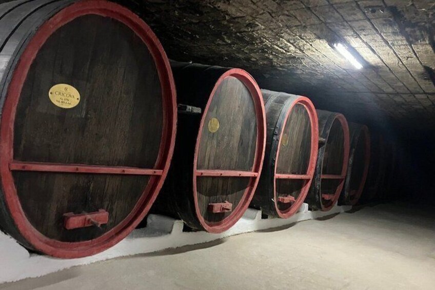 Wooden barrels with red bands in a dimly lit cellar. 4