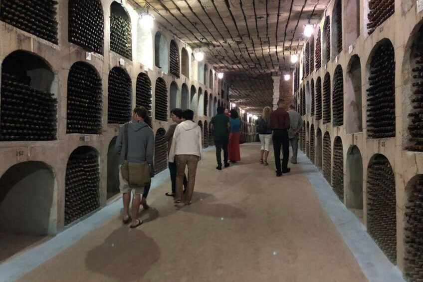 A long corridor lined with rows of wine bottles in a cellar. 3