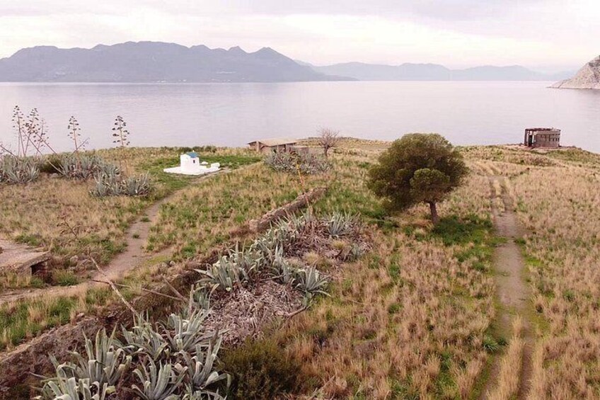 A coastal landscape with a path, a small white building, a tree, and distant mountains. 2