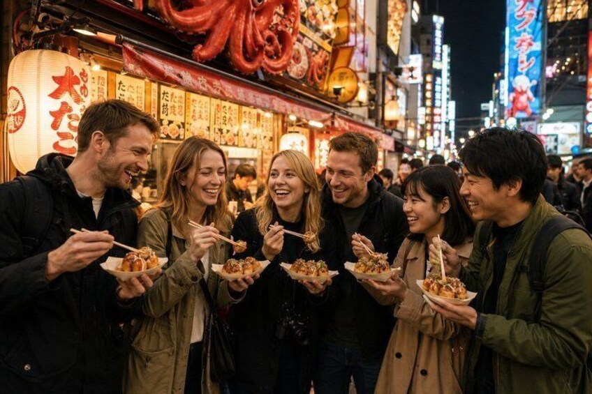 A group of people eating street food in a busy urban area with illuminated signs and traditional decorations. 1