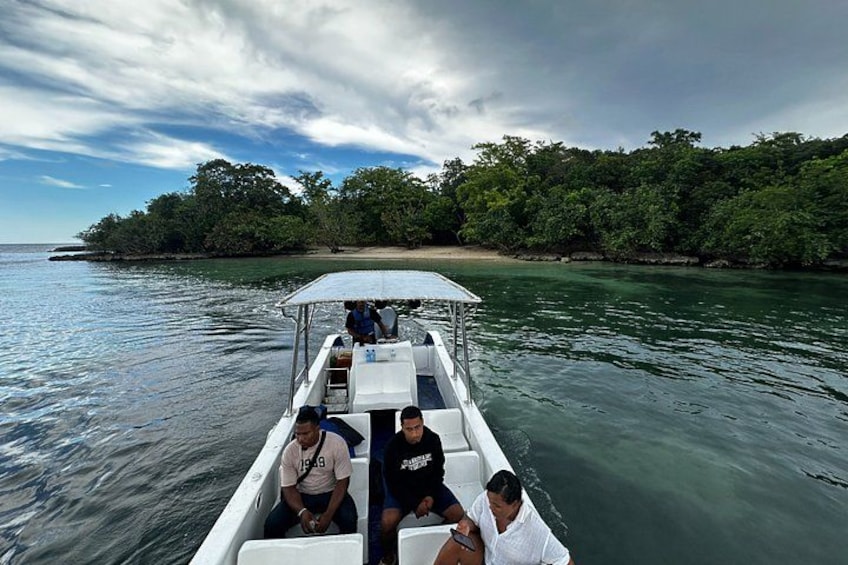 A boat with passengers on a calm sea, surrounded by dense green foliage and a sandy beach. 4