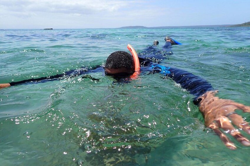 A person swimming in clear blue water with a snorkel and fins. 3