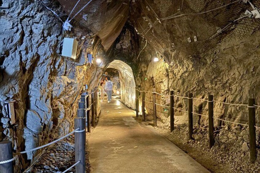 A tunnel with rocky walls, a paved walkway, and wooden railings. 3