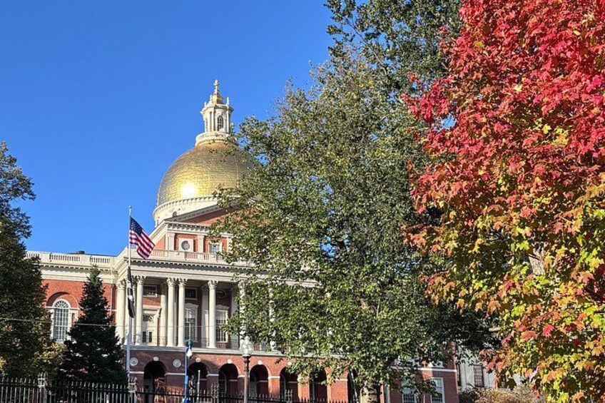 A historic building with a large dome and columns, surrounded by trees with autumn foliage. 1
