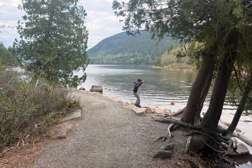 A gravel path leading to a lake with a person standing by the water's edge. 1