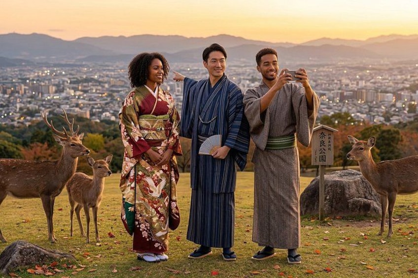 Tres personas vestidas con atuendos tradicionales, ciervos y un paisaje urbano al fondo. 1