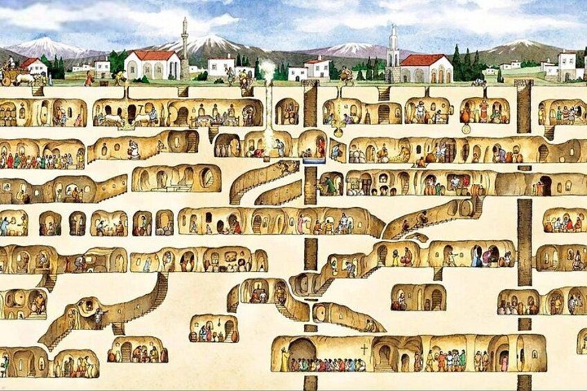 A detailed illustration of a town with winding streets, various buildings, and people engaged in daily activities. 2