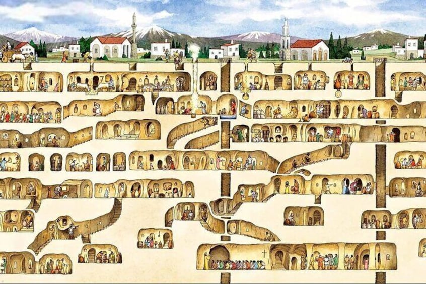A detailed illustration of a town with winding streets, various buildings, and a mountainous backdrop. 2