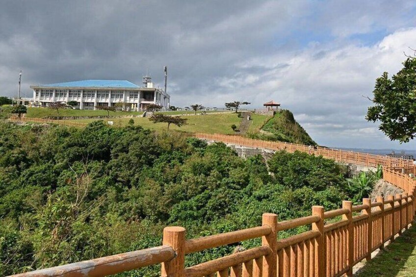 A large building with a blue roof, a wooden fence, and a hill with greenery. 5