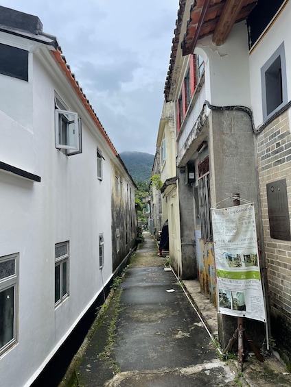 A narrow alleyway flanked by buildings with a poster on the right. 5