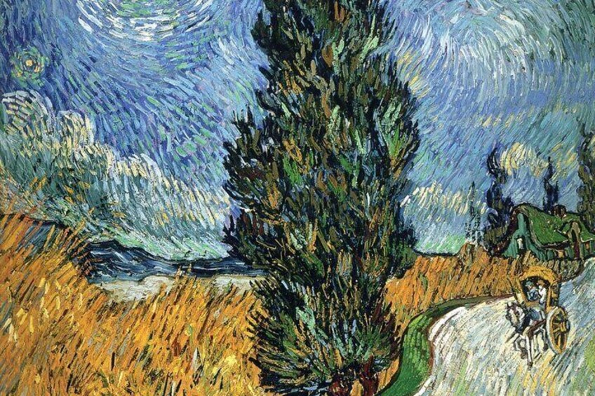 A starry night sky, a tree, and a figure on a path. 3