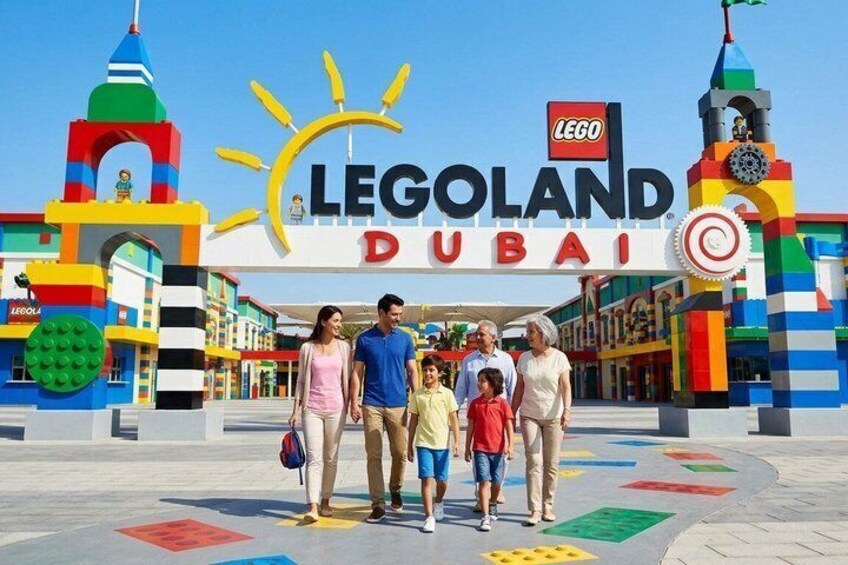 LEGO Land Dubai with colorful LEGO structures and a sun-shaped sign. 3