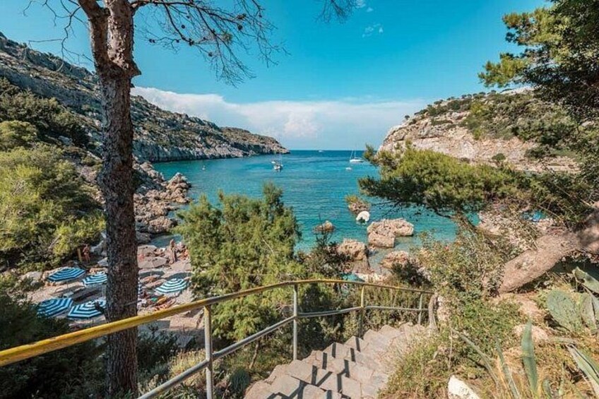 A coastal landscape with a staircase leading to a beach, surrounded by trees and rocks. 5
