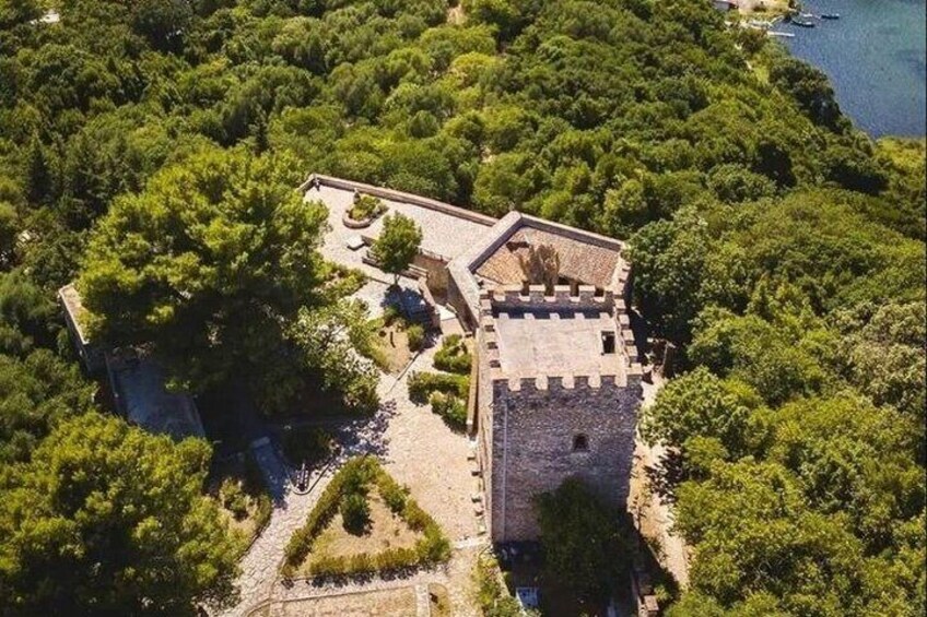 An aerial view of a castle surrounded by dense greenery and a body of water. 2