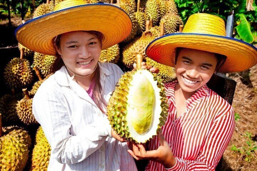 Two individuals holding a durian fruit, surrounded by many more durians in a natural setting. 4