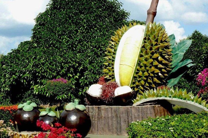 A durian tree, a large vase, and a wooden bench in a garden. 2